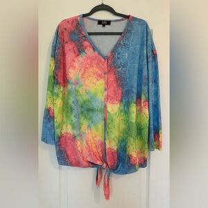 L&B Long Sleeve Tie Dye Button Down Top, Size Large